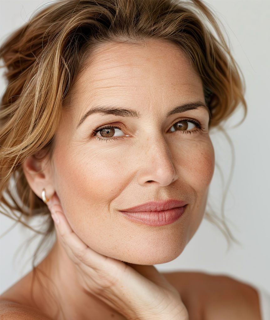 Dojrzała kobieta po terapii liftingującej skórę i wygładzającej zmarszczki na twarzy