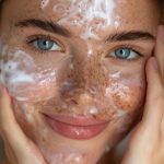 Dziewczyna z nałożonym kremem na twarz, walcząca z niedoskonałościami skóry