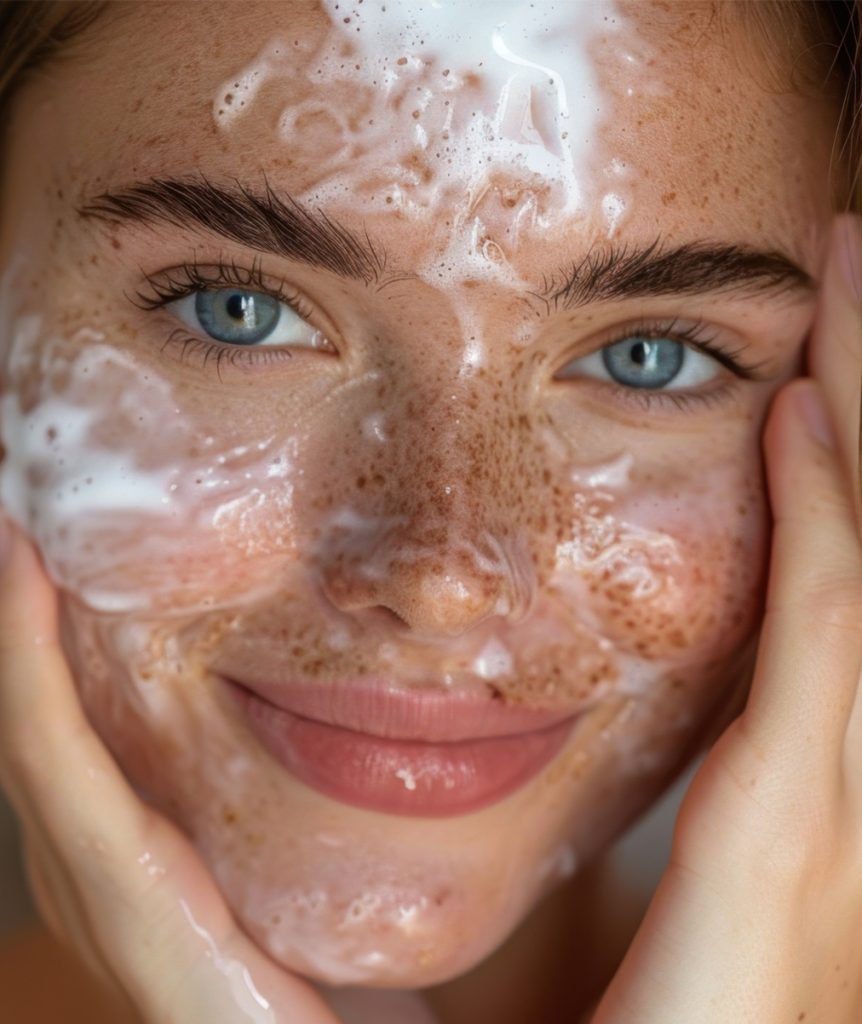 Dziewczyna z nałożonym kremem na twarz, walcząca z niedoskonałościami skóry